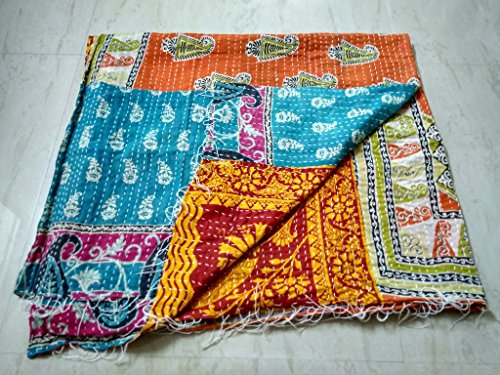 Maniona CraftsTwin Size Kantha Bedspread old Sari Made Rally Indian Gudari Paisley Pattern Vintage Kantha Quilt Reversible Quilt Coverlet