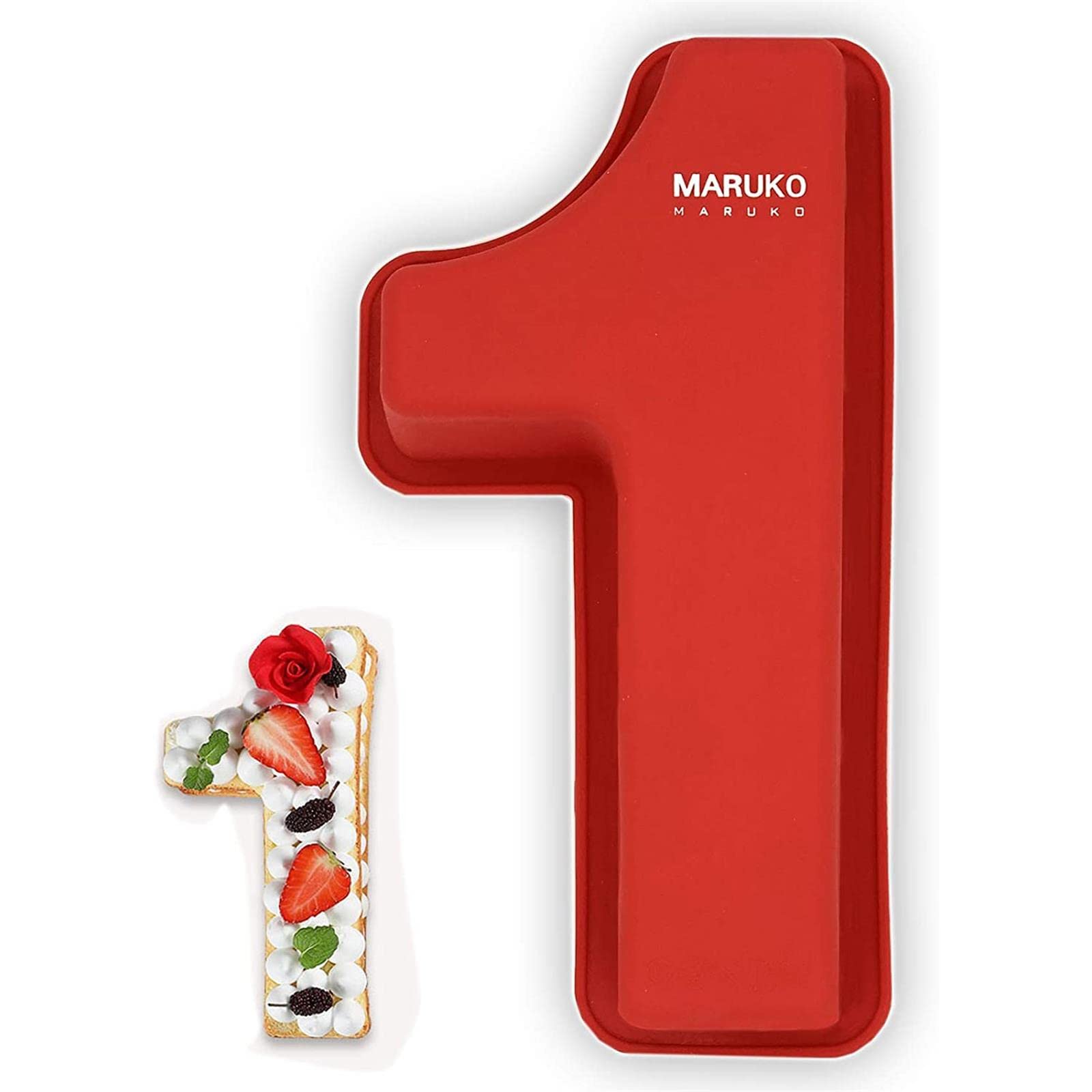 MARUKO Number Cake Tins Silicone, Number 1 Cake Tin Mould, 10 inch 3D Large Silicone Number Cake Moulds, Baking Pans for Birthday and Anniversary, BPA Free, Non-Stick, Red