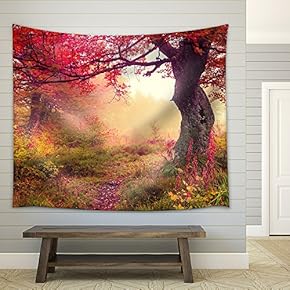 Majestic Landscape with Autumn Trees in Forest. Carpathian, Ukraine, Europe. Beauty World. Retro Filtered - Fabric Wall Tapestry Home Decor - 51x60 inches