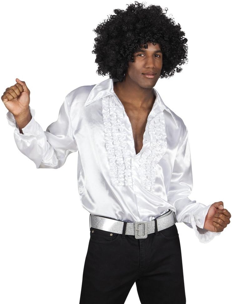 Shoperama 70s Ruffle Shirt for Men 70s Disco Strike Move Bad Taste, White