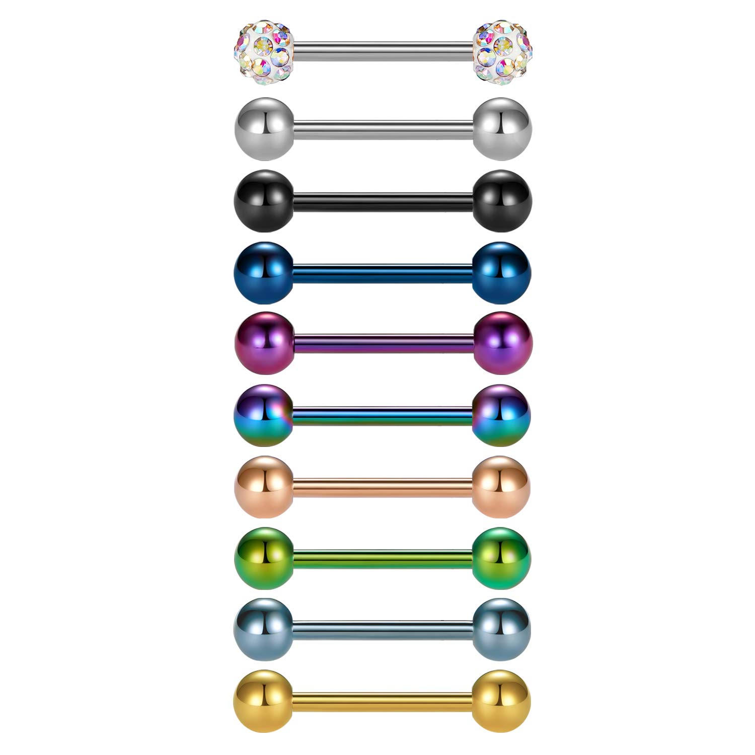Briana Williams 10pcs Surgical Steel Tongue Bars Nipple Bar Piercing Set 14G 12/14/16/18mm Barbell Piercing Jewellery Coloured