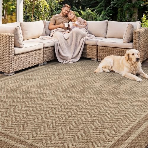 Outdoor Rug-Patio Rug Boho Polypropylene Indoor Outdoor Rug for Porch Balcony Patio Outdoor Area Rug Durable Outdoor Carpet Living Room Mat, Frame Brown 7.9x10 ft