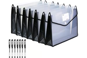 Abgream 7 Pack File Folder - Expandable Poly Envelopes B4 Plastic Document Folder Button Closure Waterproof File Pouch with 7pcs Black Gel Ink Pens for School Office Supplies (Black)