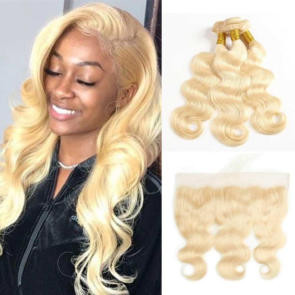 613 Blonde Human Hair 3 Bundles with Frontal Brazilian Body Wave with Baby Hair Frontal 100% Ear to Ear Virgin Human Hair Weave with Lace Frontal (16 18 20+14, 613 Bundles with Frontal)