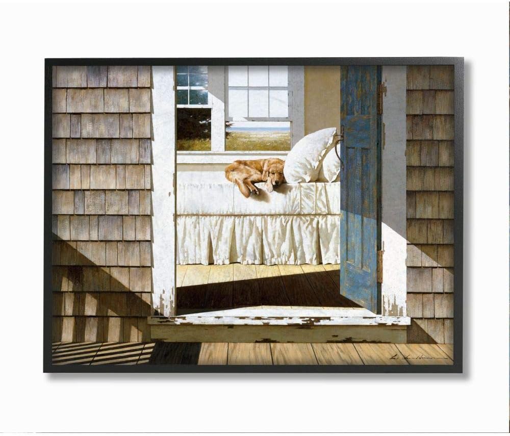 Mixed Media - Stupell Industries Dog Nap at Cape House Realistic Coastal Painting, Designed by Zhen-Huan Lu Wall Art, 11 x 14, Black Framed