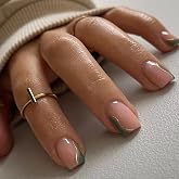Mivota Fall Press On Nails Short Square Nude Fake Nails Green with Gold Stripes Fake Nails Fashion Glossy Acrylic Press ons Nail Gel Stick On Nails Set Glue on Nails for Women &amp; Girls 30Pcs