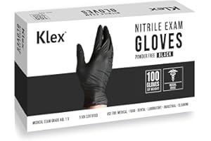 Klex Nitrile Exam Gloves - Medical Grade, Powder & Latex Free, Food Safe, Black, 100, 1000 Count, S, M, L, XL