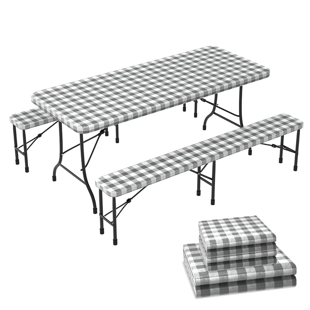 VOUNOT® Set of 3 Picnic Bench Covers Elastic Waterproof Tablecloth Grey-White Checked