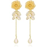 GZJOGO Gold Dangle Flower Earrings for Women, Dainty 14K Gold Plated Leaf DropTrendy Hypoallergenic CZ Dangling Simple Gold Long Earrings for Women Jewelry