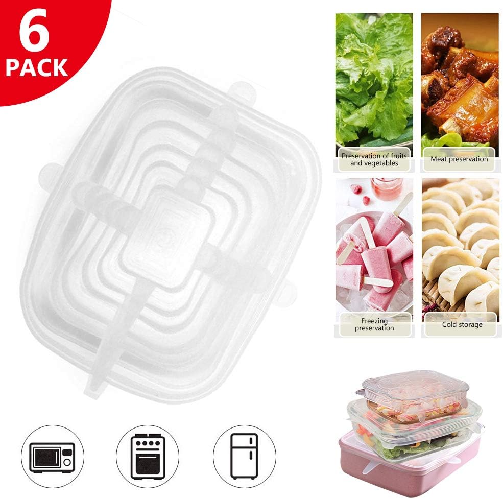 Geggur 6 Pcs Square Silicone Stretch Lids, Reusable Rectangular Silicone Insta Lids Bowl Covers Food Storage Covers for Bowls, Cups, Fit Different Sizes of Container, Dishwasher & Freezer Safe