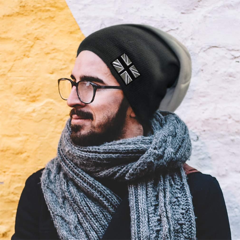 Custom Slouchy Beanie British Flag Black White Embroidery Acrylic Skull Cap Hats for Men & Women Dark Grey Design Only: Clothing
