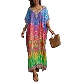 Lziizl Kaftan Dresses for Women Plus Size Bathing Suit Cover up Batwing Sleeve Caftan Maxi Beach Dress