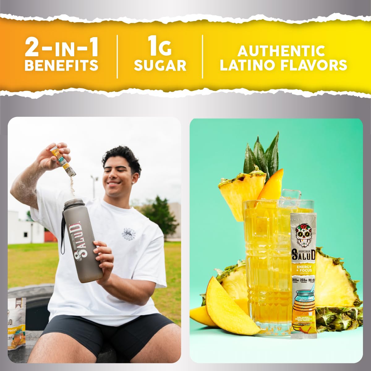 Salud 2-Pack |2-in-1 Energy + Focus (Pineapple Mango) & Hydration + Immunity (Lemonade) – 15 Servings Each, Agua Fresca Drink Mix, Non-GMO, Gluten Free, Vegan, Low Calorie, 1g of Sugar
