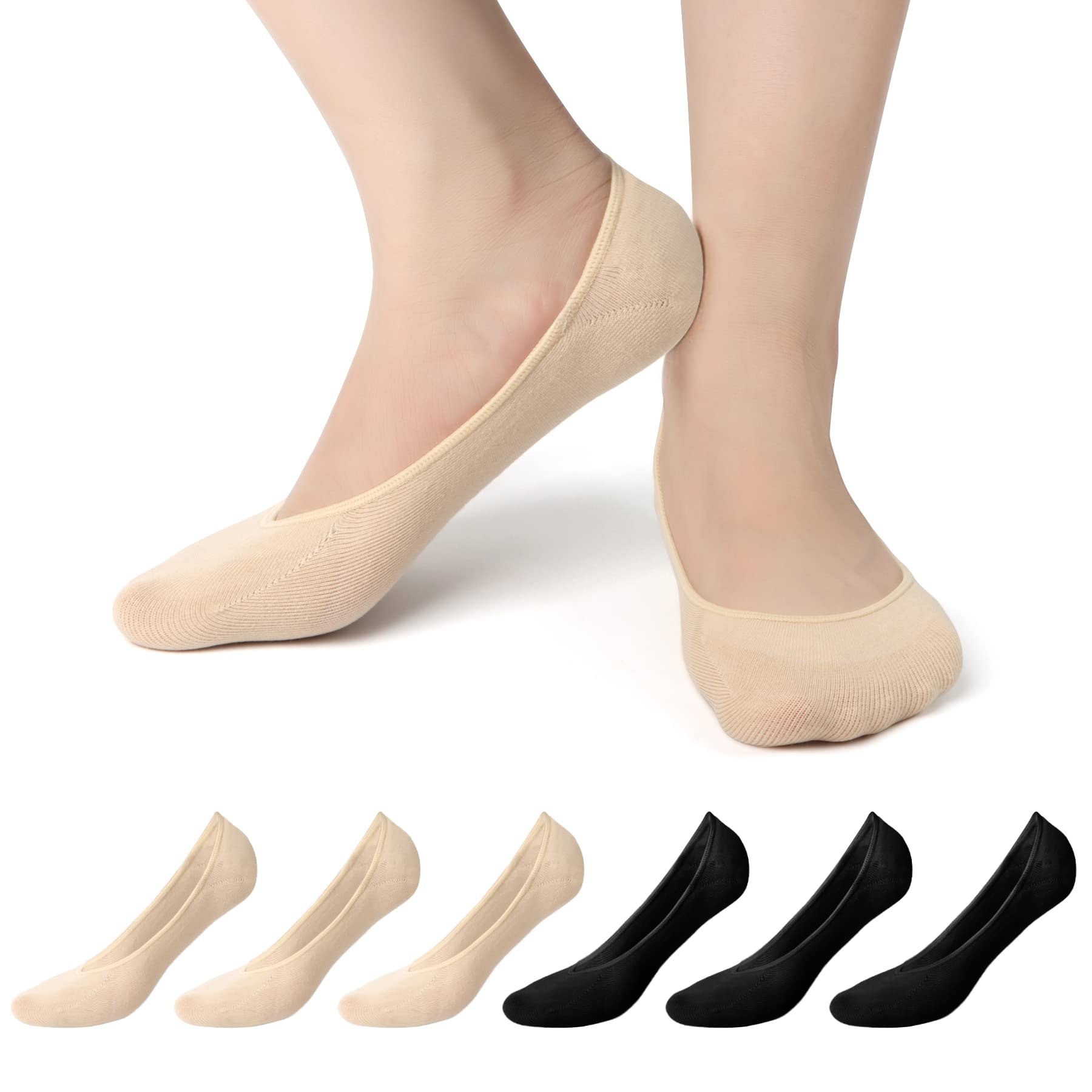 Kordear No Show Socks for Women - 6 Pairs Non Slip Invisible Socks Women, Cotton Ultra Low Cut Liner Socks Ladies Trainer Sneaker Socks Shoe Liners for Loafer Flats Boat Shoes UK Size 5.5 to 8