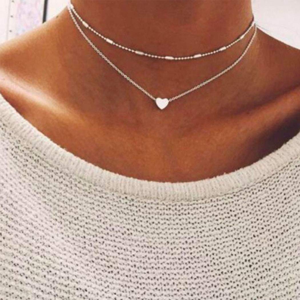 Yienate Bohemia Multilayer Necklace with Love Heart pendant Boho Choker Chain Jewelry for Woman and Girls (Silver)