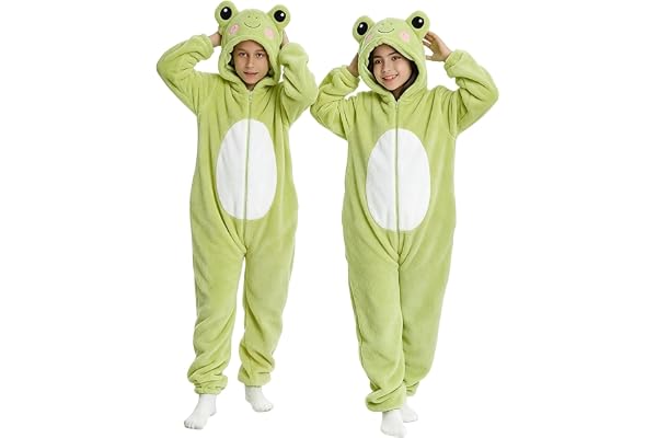 Kids Green Frog Fleece Jumpsuit Full Zip Front Hooded Flannel Onesie | Toddler Boys Girls Halloween Cute Animal Theme Holiday