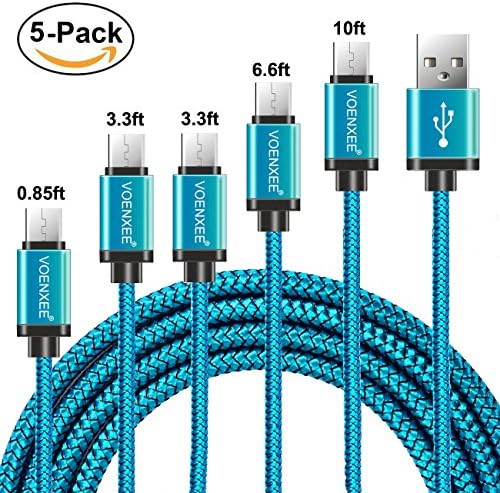 VOENXEE Micro USB Cable 5Pack [0.85FT 3.3FTx2 6.6FT 10FT ] Short to Long Nylon Charging Power Cord Data Sync Charger Cables for Xbox One Wireless Controller Samsung S7 Edge S6 Android Power Bank Blue