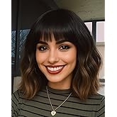 Ombre Black Brown Wig with Bangs for Women 12inch Short Bob Wavy Curly Hair Wigs Heat Resistant Hair Replacement Wigs for Daily Use Cosplay Costume Halloween