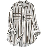 Floerns Women's Summer Button Down Shirts Striped Long Sleeve Pocket Work Shirts