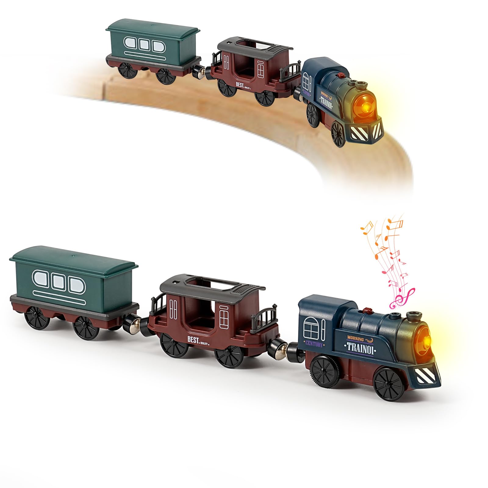Battery Train for Wooden Track - 3 Pcs Magnetic Retro Battery Operated Light Up Train Toys with Sound, Wooden Train Track Accessories for 3+ Toddler Kid Boy Girl Birthday Christmas Halloween(Green)
