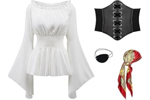 PWQMGY 4Pcs Pirate Costume Women-Include Renaissance Shirt Top Women,Pirate Corset Bandana-Halloween Carnival Cosplay Outfit