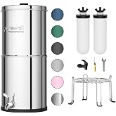 Purewell 3-Stage Gravity Fed Water Filter System, 2.25 Gallon Stainless Steel Countertop System with 2 Washable Ceramic Filters and Stand, Reduce up to 99% Chlorine, PW-OBT