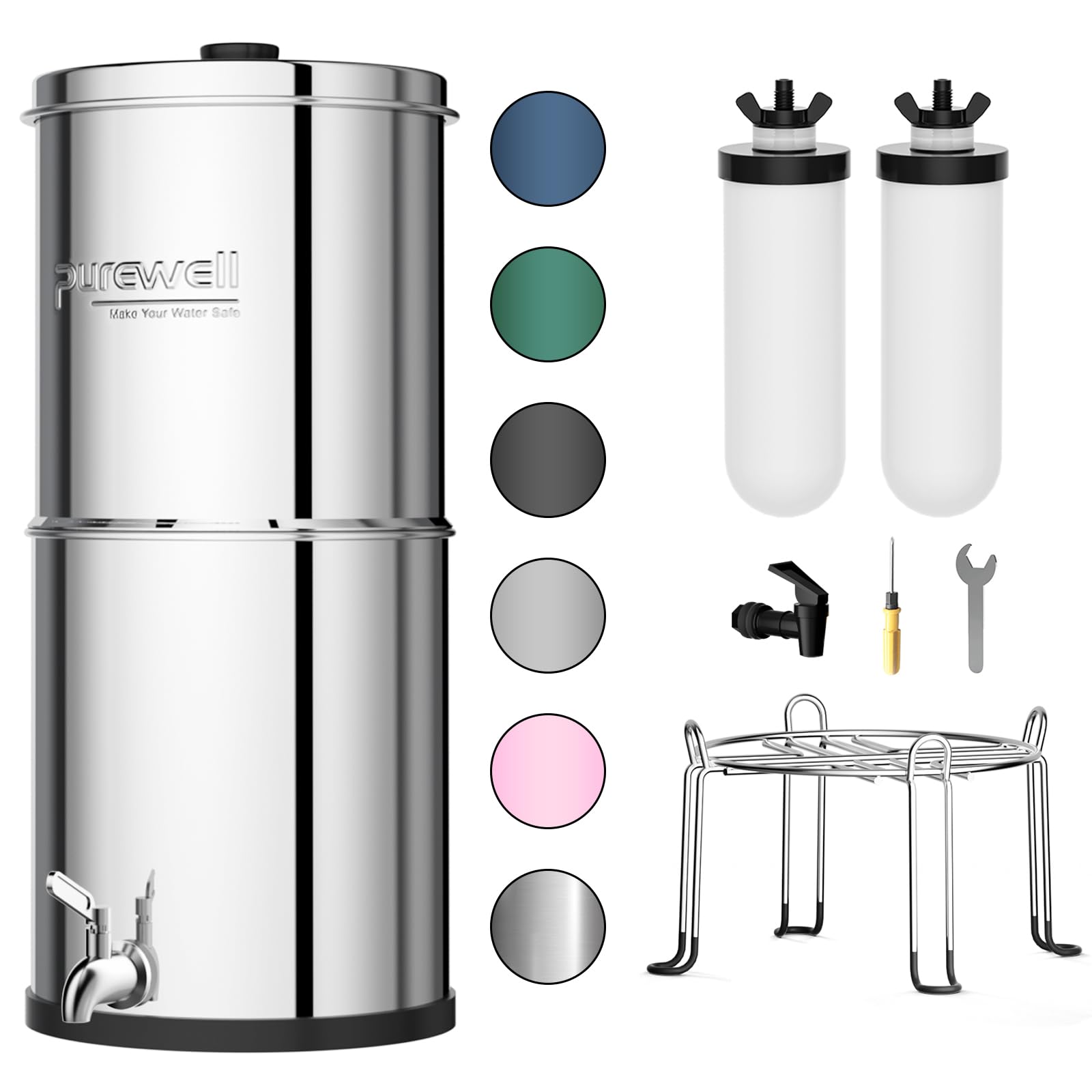 Photo 1 of Purewell 3-Stage Gravity Fed Water Filter System, 2.25 Gallon Stainless Steel Countertop System with 2 Washable Ceramic Filters and Stand, Reduce up to 99% Chlorine, PW-OBT