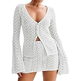 Women Crochet 2 Piece Outfits Set Swimwear Cover Up Flared Long Sleeve Button Down Tops Beach Mini Skirt Vacation Outfits