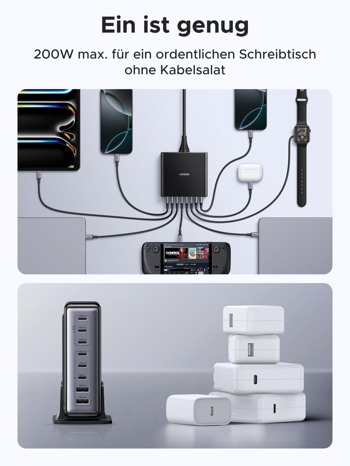 UGREEN USB C Ladegerät 200W GaN Netzteil 8-Port Desktop Ladestation PD Charger 100W Schnellladegerät mehrfach unterstützt PPS kompatibel mit MacBook Pro/Air, iPhone Serien, Galaxy Serien usw. 9
