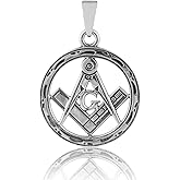 Masonic Pendant Sterling Silver 925 Round Freemasonic G Symbol, Compass, Square, Unisex Jewelry