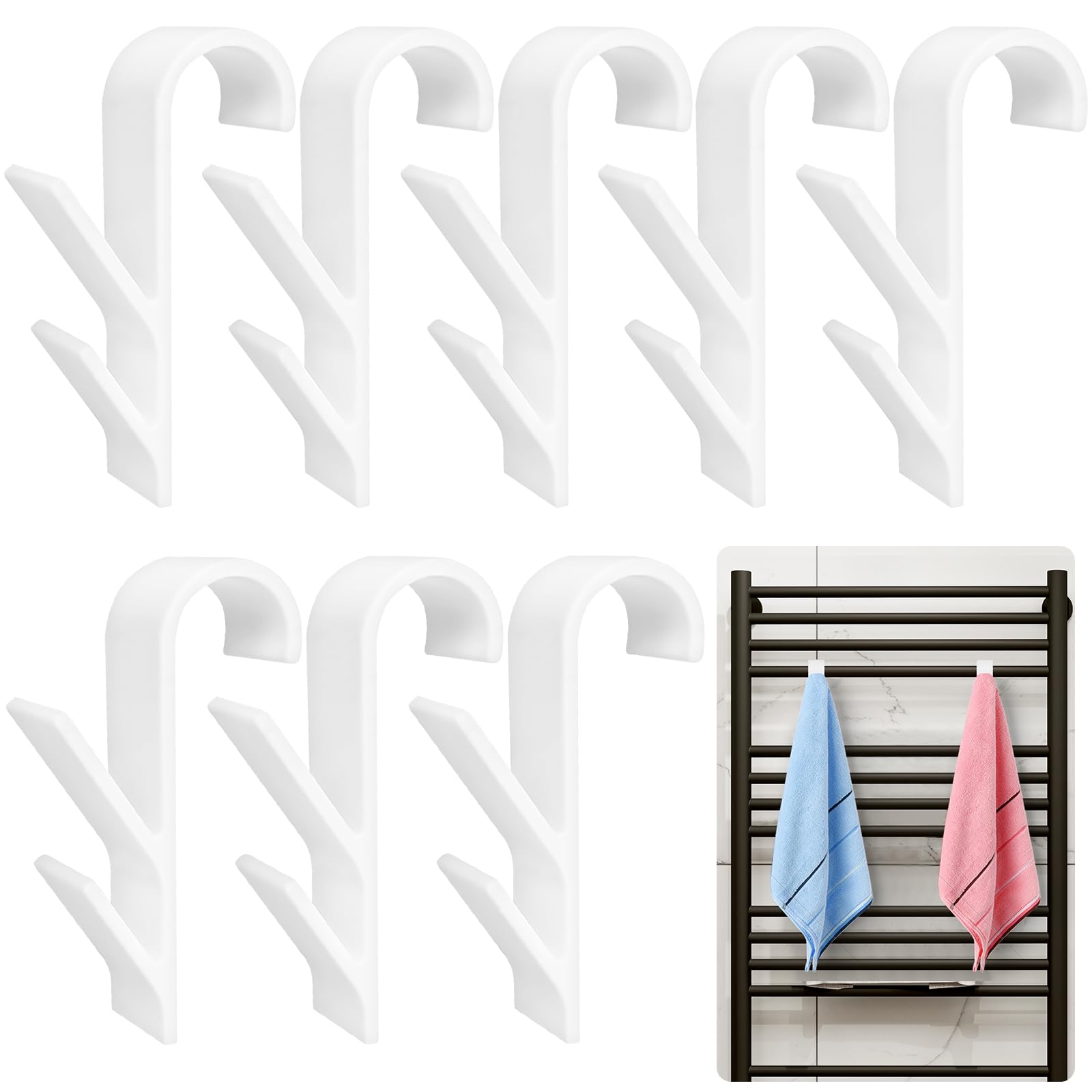 VEPEPE 8 Hooks for Durable Radiator Hooks, Double Hooks with 16 Anti-Slip Pads, Towel Radiator Brackets (11cm Long), for Bathroom Kitchen Hanging (White)