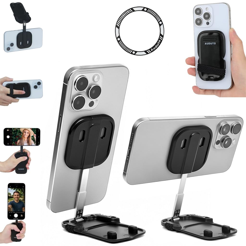 Magnetic Phone Tripod Stand, Portable Mini Selfie Stick for iPhone 17/16/15/14/13/12 & MagSafe, Aluminum Angle-adjustable Foldable Strong Magnet Phone Holder, Travel Essentials, Included Metal Ring