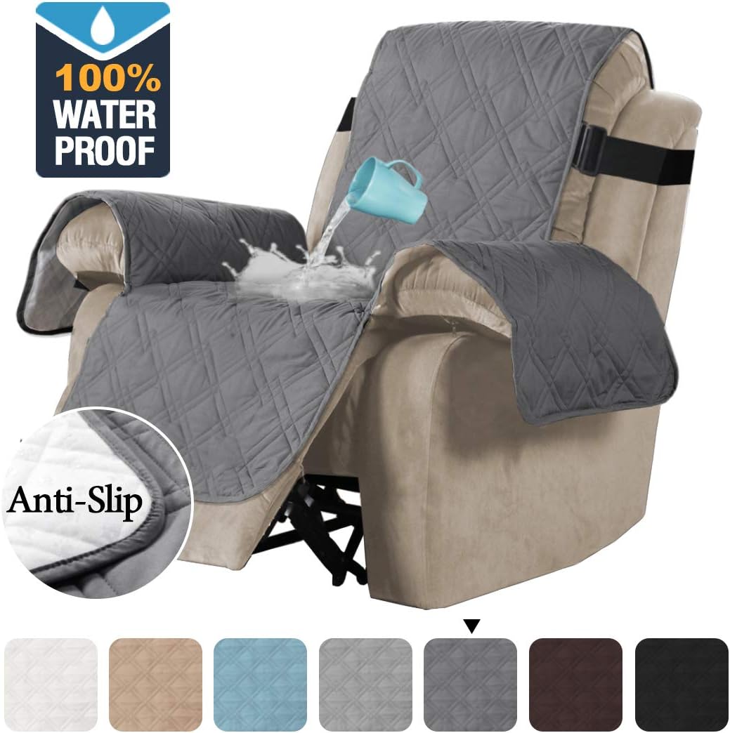 H.VERSAILTEX 100% Waterproof Quilted Recliner Chair Cover Recliner Cover Recliner Slipcover for Living Room, Secure with Elastic Strap and Non Slip Puppy Paw Silicone Backing (Standard, Grey): Home & Kitchen