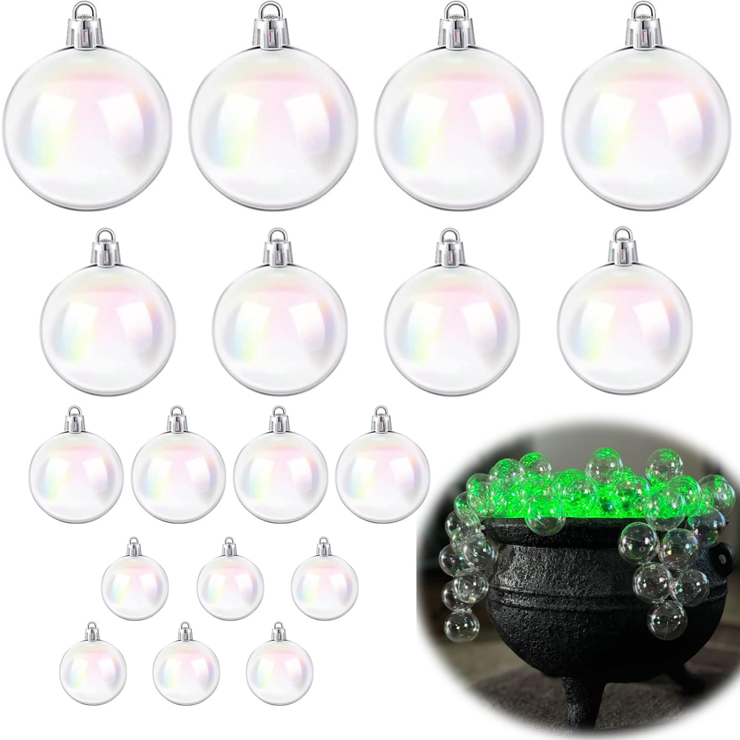 Photo 1 of ***MISSING PIECES*** 18 PCS Iridescent Ornaments Balls 4 Size Clear Plastic Christmas Ornament Christmas Clear Balls Halloween Decor for DIY Craft Baubles Pot Cauldron,Witch Brew Pot,Halloween Decorations,Xmas Tree Decor