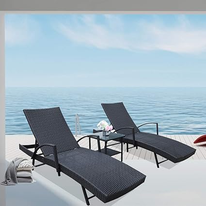 Leaptime Patio Lounge Chair Set Outdoor Rattan Adjustable Backrest Black Pe Wicker Sunbed Furniture W Armrest 2pcs Loungers 1pc Side Table