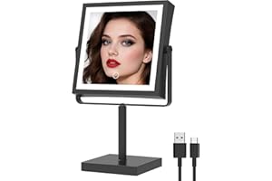 Ruacq Vanity Mirror with Lights, Height & Brightness Adjustable, Rechargeable 4000mAh Lighted Makeup Mirror with Magnification 1X/10X, 3 Color Lights & 360° Rotation (Matte Black-Table)