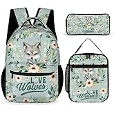 Wolf Backpack with Lunch Box & Pencil Case for Kids Girls Boys School, 16 Inch Cute Wolf Bookbag, School Backpack for Students Children, Lightweight, Large Capacity
