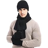 Maleroads Mens Beanie Scarf Gloves Set Knit Winter Fleece Lining Thick Hat