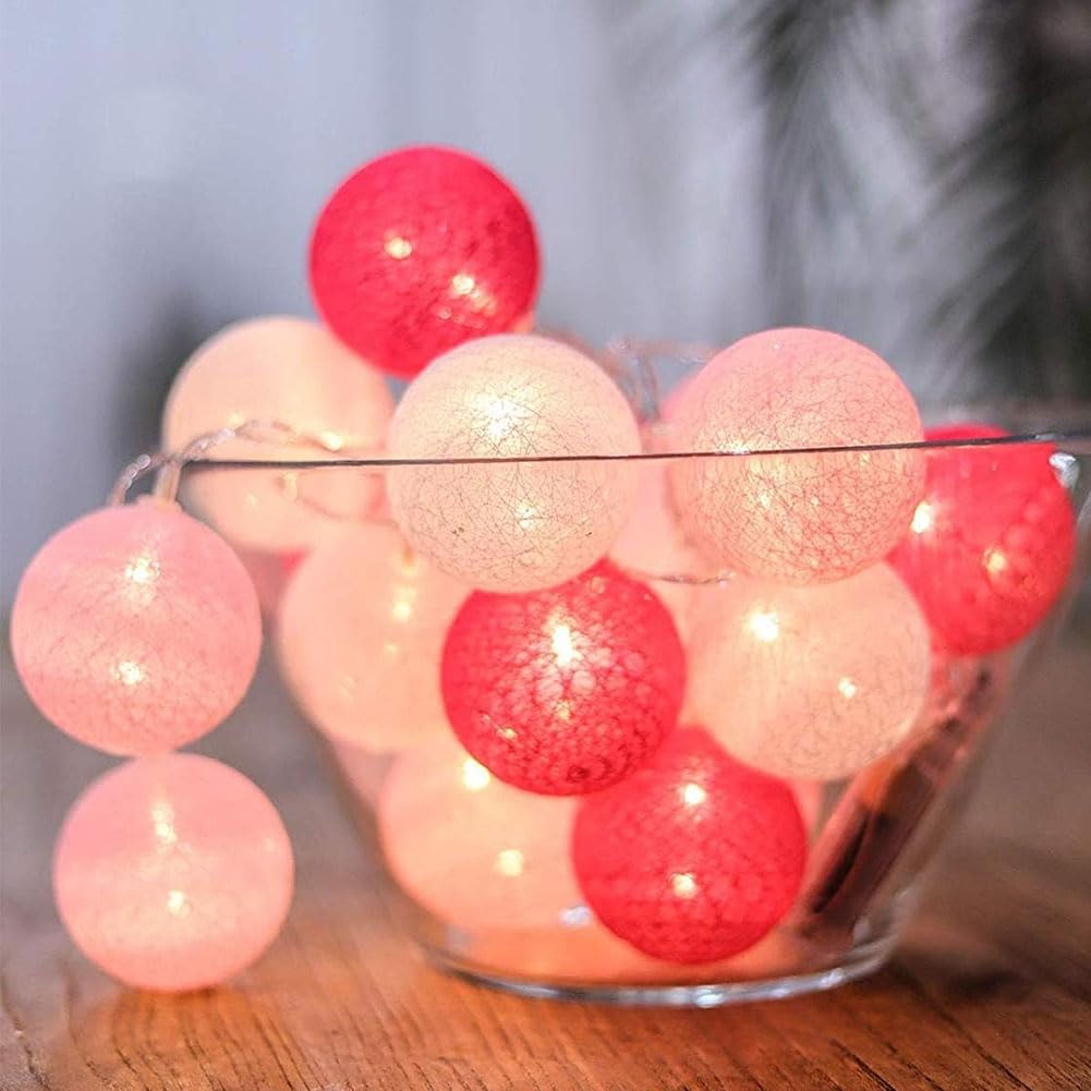 HOTUT Cotton Ball Fairy Lights, 3.3M/10.83Ft 20 LED USB Powered LED String Lights, Colorful Globe Ball Fairy Lights, LED Fairy String Lights for Bedroom Wedding Party Home Christmas Decoration, Pink