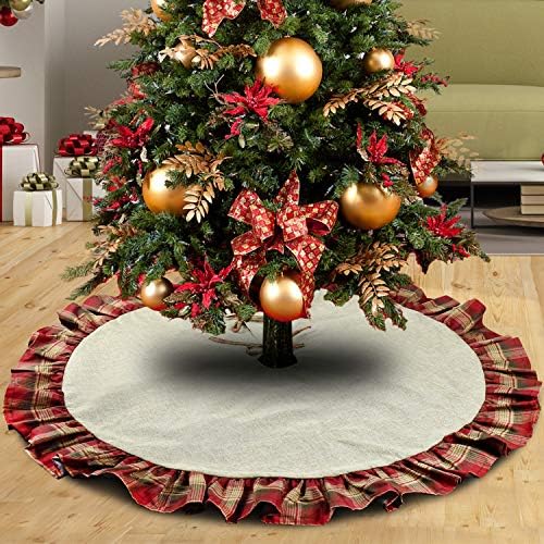 Alcoon 48 Inch Linen Burlap Christmas Tree Skirts with Plaid Ruffle Edge for Christmas Xmas Party Holiday Decorations