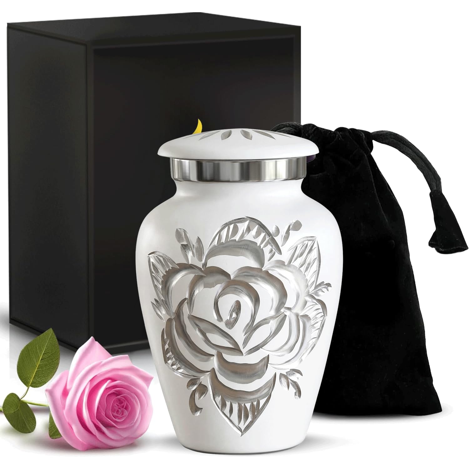 Cremation Urn for Ashes - Handcrafted Large Urn for Ashes with Velvet Bag - Adult Urns for Human Ashes Men & women Remains - Honour Your Loved One with Rose Urns For Ashes Adult (Pearl White, Small)