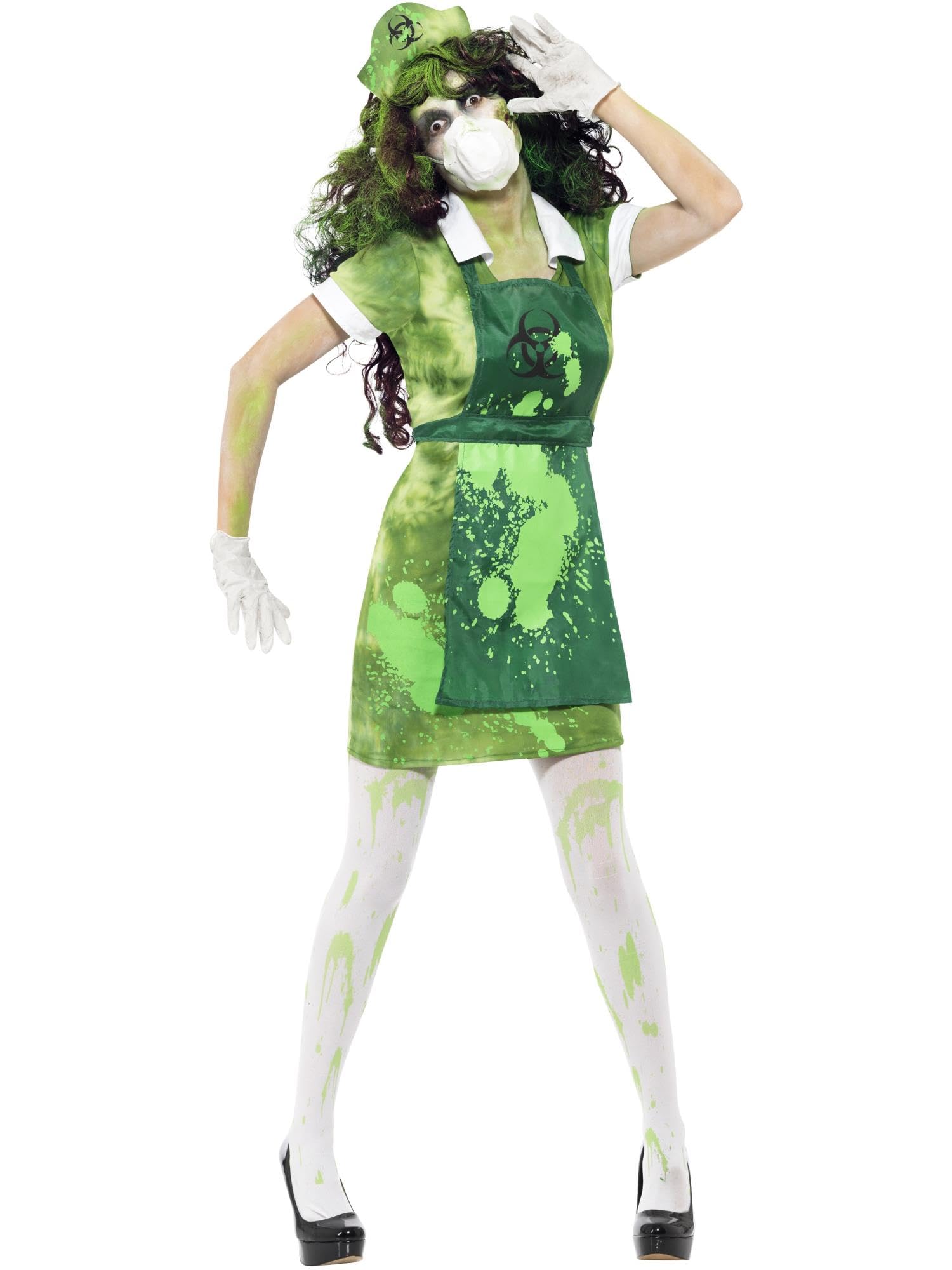 Smiffys Biohazard Female Costume, Green with Dress, Apron, Hat, Mask & Gloves, Halloween Zombie Alley Fancy Dress, Halloween Dress Up Costumes