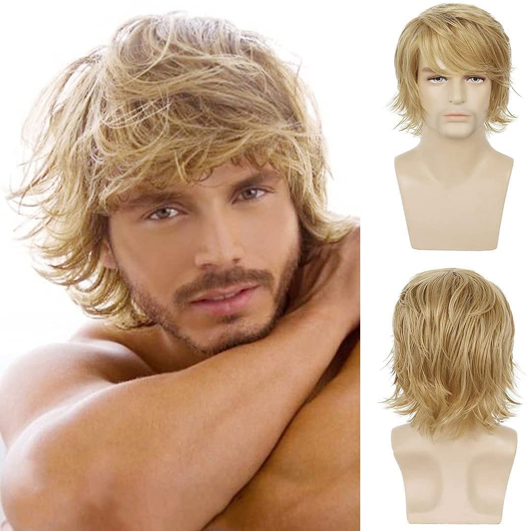 Qnbiar Mens Blonde Wig Short Fluffy Layered Blonde Natural Synthetic Halloween Cosplay Hair Wig for Male