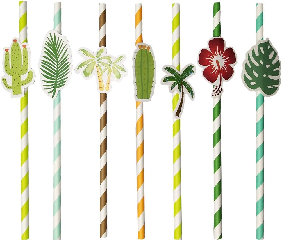 28 PCS Hawaii Decorative Paper Party Straws Coconut Trees Leaves Flowers Cactus Straws Decor
