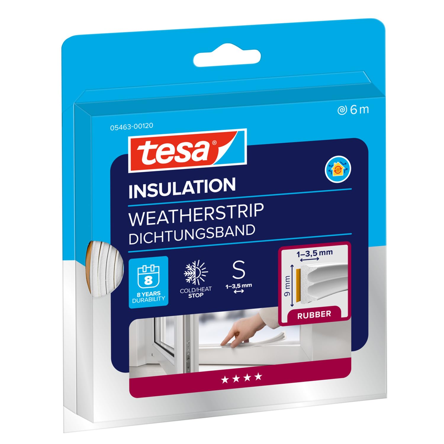 tesa INSULATION Weatherstrip Rubber S - Sealing Tape - Self-adhesive rubber Seal for Insulating gaps on windows and doors - White - 6 m x 9 mm x 4 mm