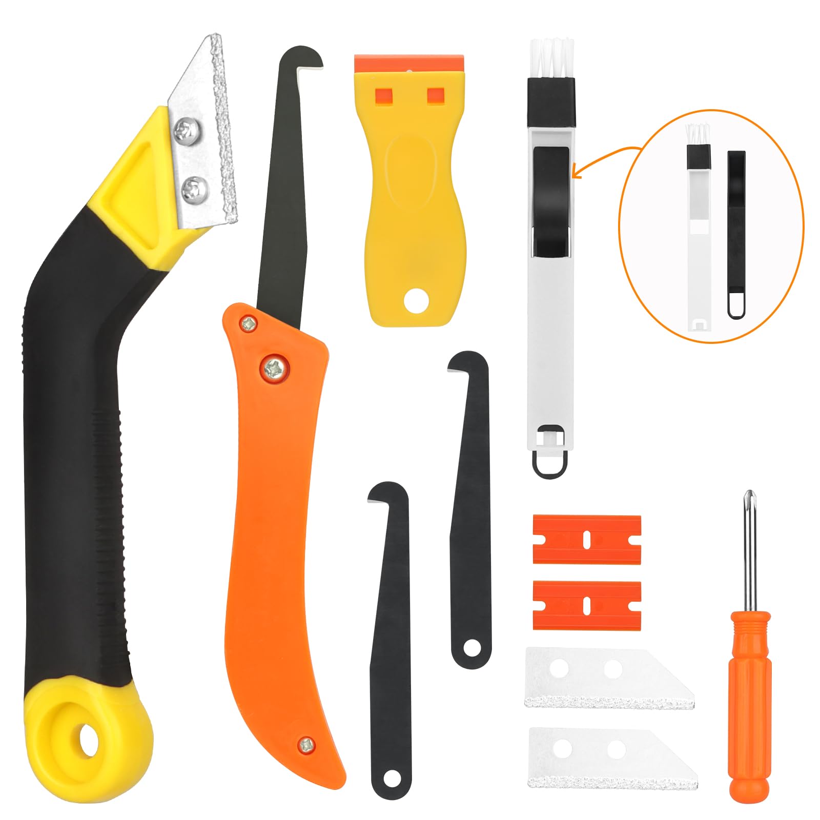 Nadinsta Grout Removal Tool, Grouting Rake Removal Tools Tile Grout with 6 Pcs Extra Replacement Accessories and 1 Scraper Tool,1 Hand Saw Angled Grout Rake, 1 pc Brush for Tile Grout Remover