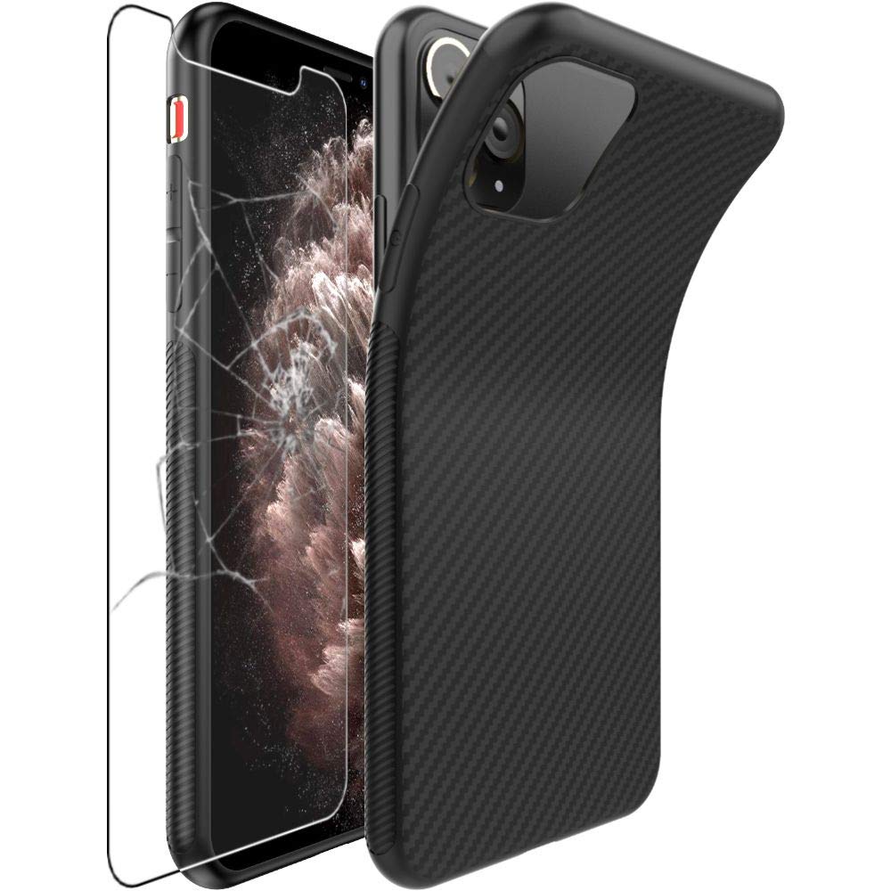 ebestStar - for iPhone 11 Pro Max Case, Cover Protection Carbon Design, Premium Soft TPU, Black + Glass Screen Protector