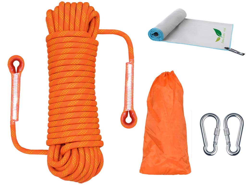 Multi-use 20m Outdoor Rope+Microfibre towel,Buckle Rock Carabiner,Home Emergency Escape ,Multifunctional Cord Safety Rope for Magnetic Fishing Hiking Caving Camping Rescue Tree Climbing,Orange