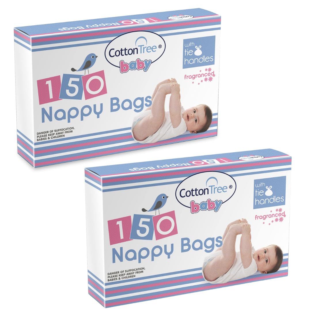 SOTL® X2 Cotton Tree Essential Fragranced Nappy Bags | 150 Eco-Friendly Disposable Diaper Bags | Odour-Controlled Baby Changing Supplies | Convenient Tie Handles | Travel & Home Use