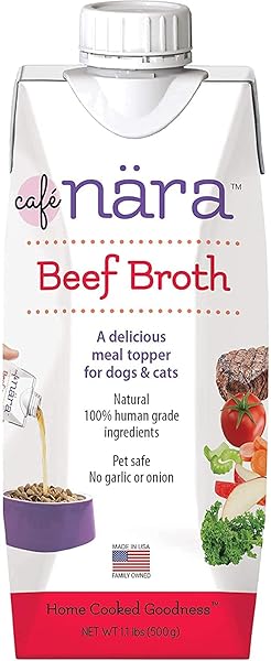 CAFÉ NARA GRAIN-FREE BEEF BONE BROTH WET FOOD TOPPER FOR DOGS & CATS – 100% NATURAL, HEALTHY HYDRATION – 1.1 LBS (PACK OF 12)
